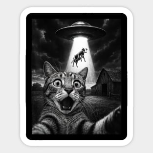 Cat Selfie With Alien And Cow - Funny Cat Ufo Sticker